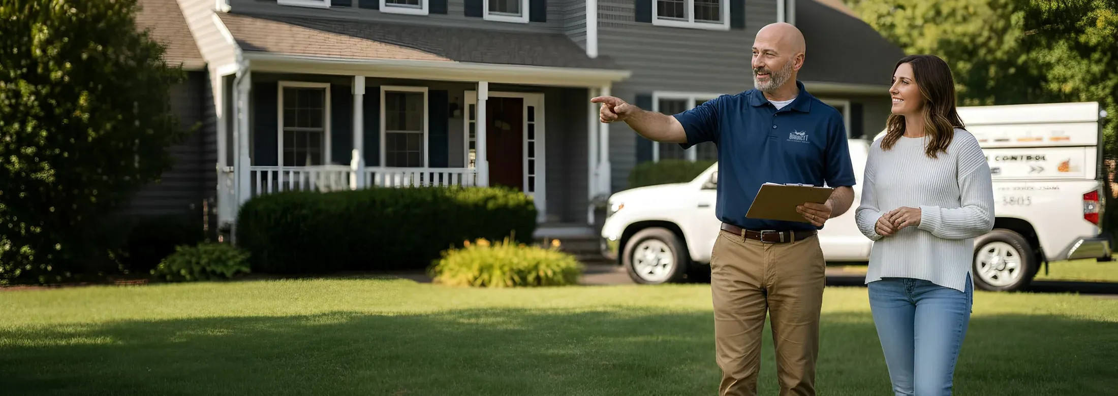 pest control technician walking around home with customer