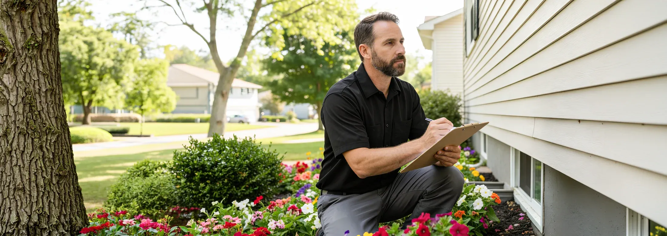 inspecting exterior of house, real estate pest control