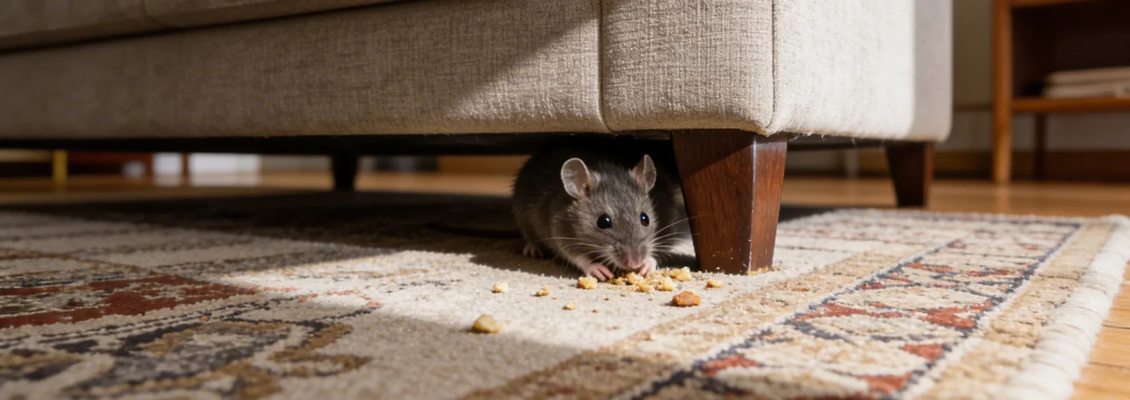 mouse in a living room under a couch nibbling on crumbs